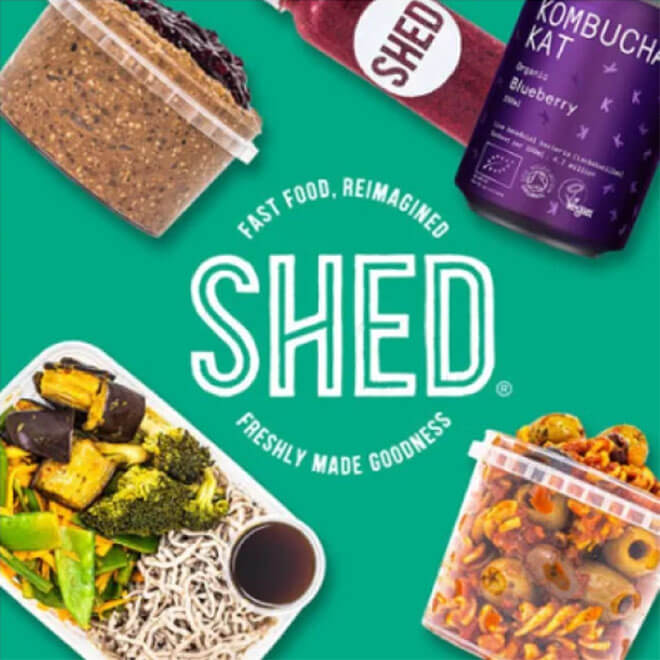 Eatshed logo with food surrounding it